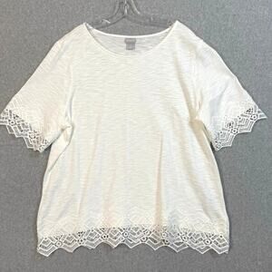 Chicos Crochet Trim Short Sleeve Top Size 4 XXL Boxy Stretch Casual Brunch